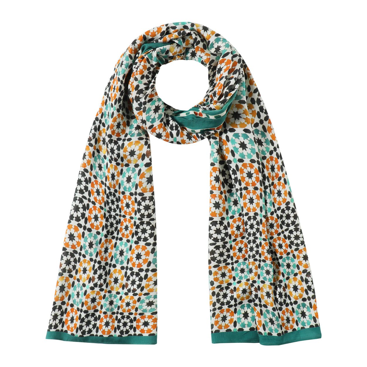 Green and orange Islamic art-inspired scarf displayed flat