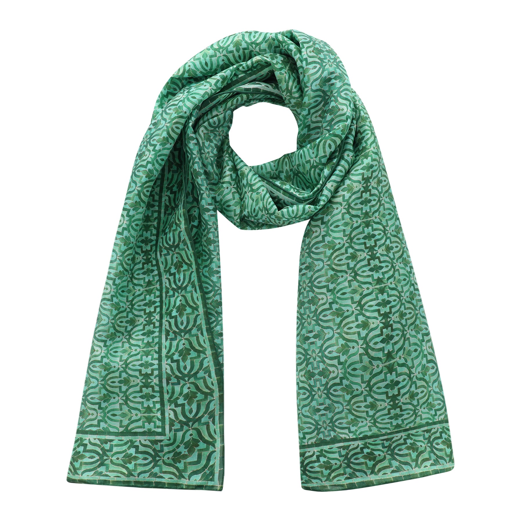 Green silk scarf Islamic tiles design