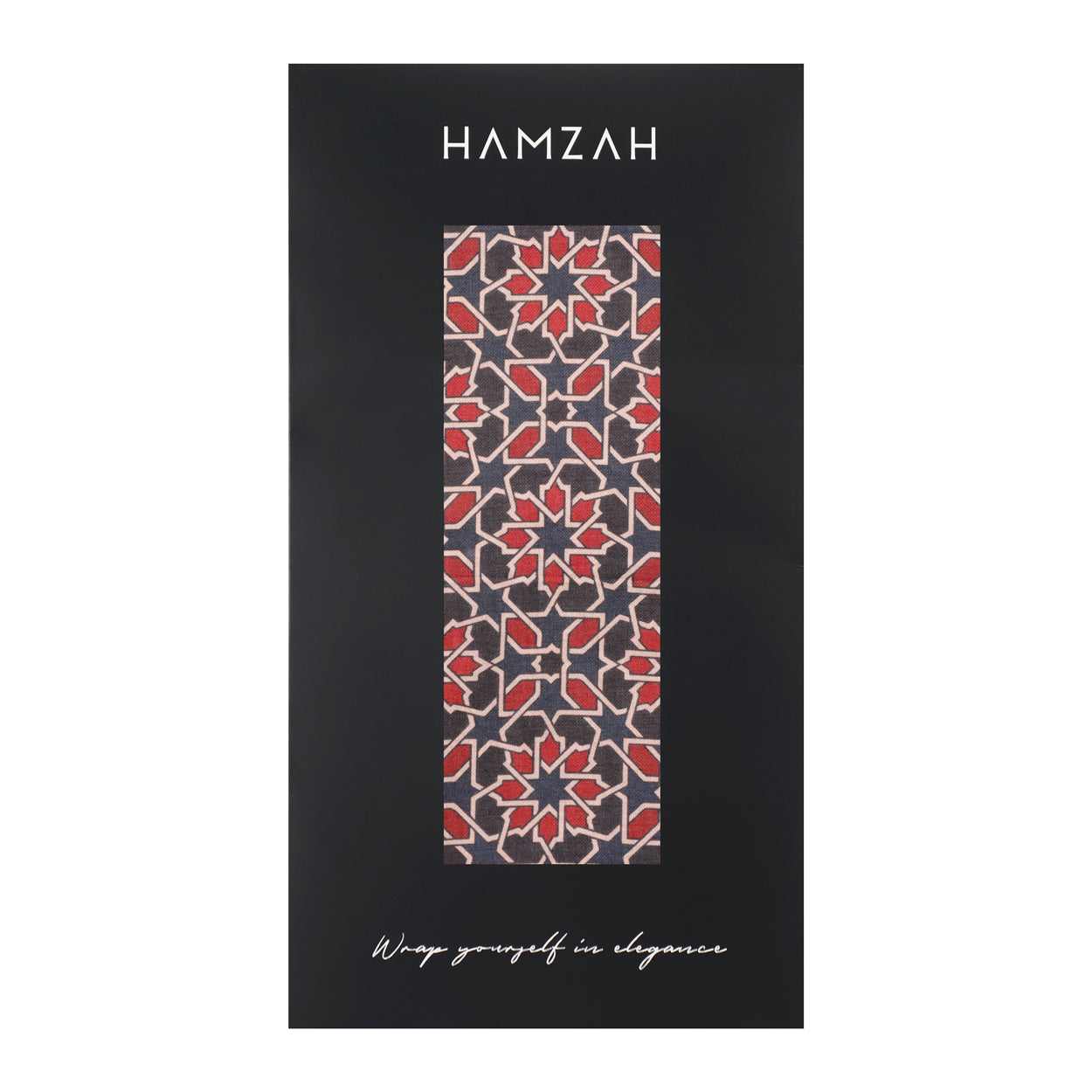 Hamzah packaging with navy blue and red Islamic art-inspired scarf