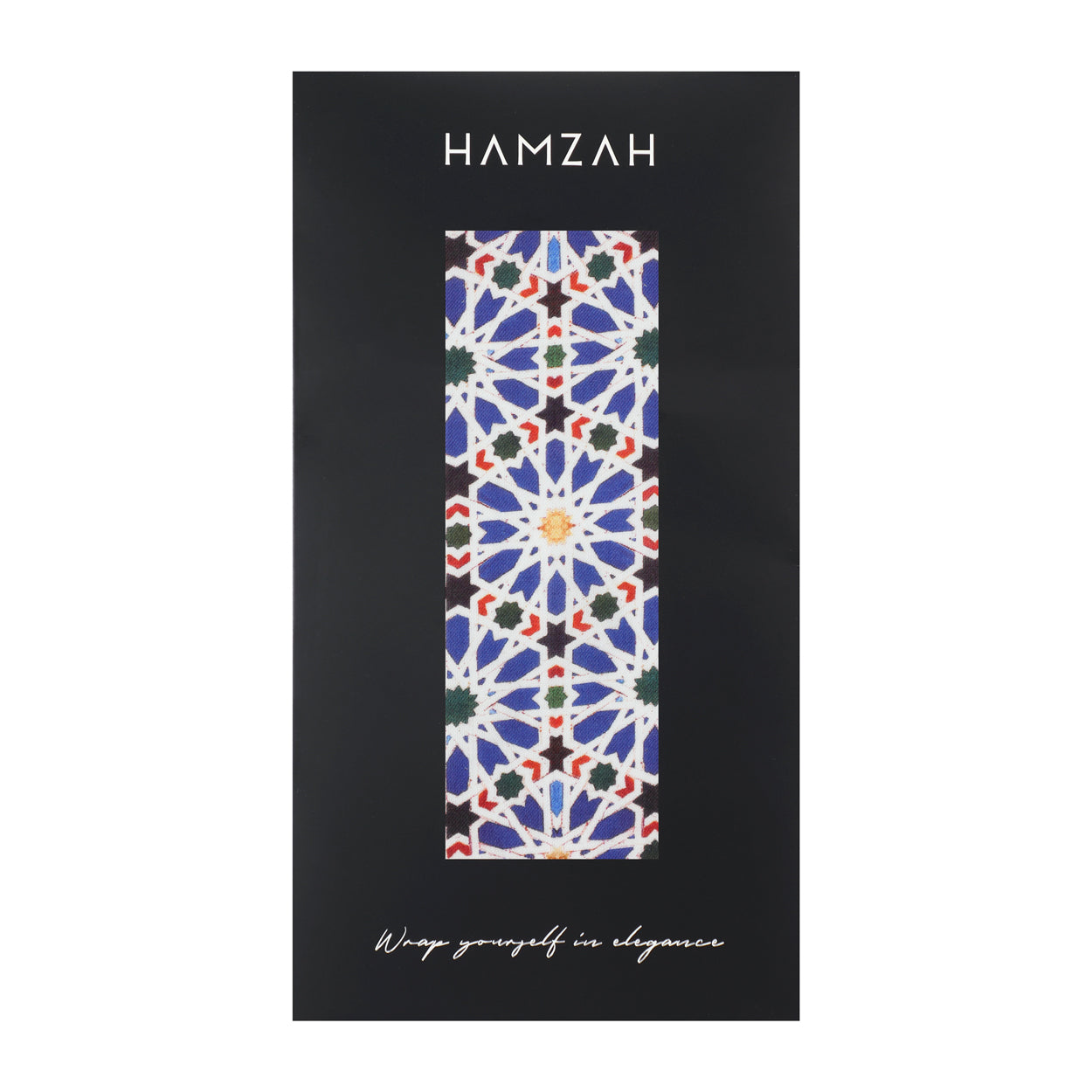 Hamzah packaging for Islamic art-inspired scarves featuring a blue and white design.