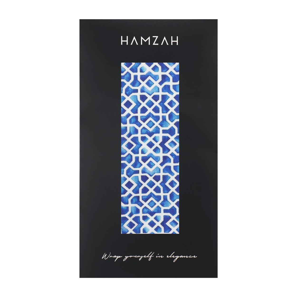 Premium packaging showcasing a blue and white Islamic art scarf by Hamzah.