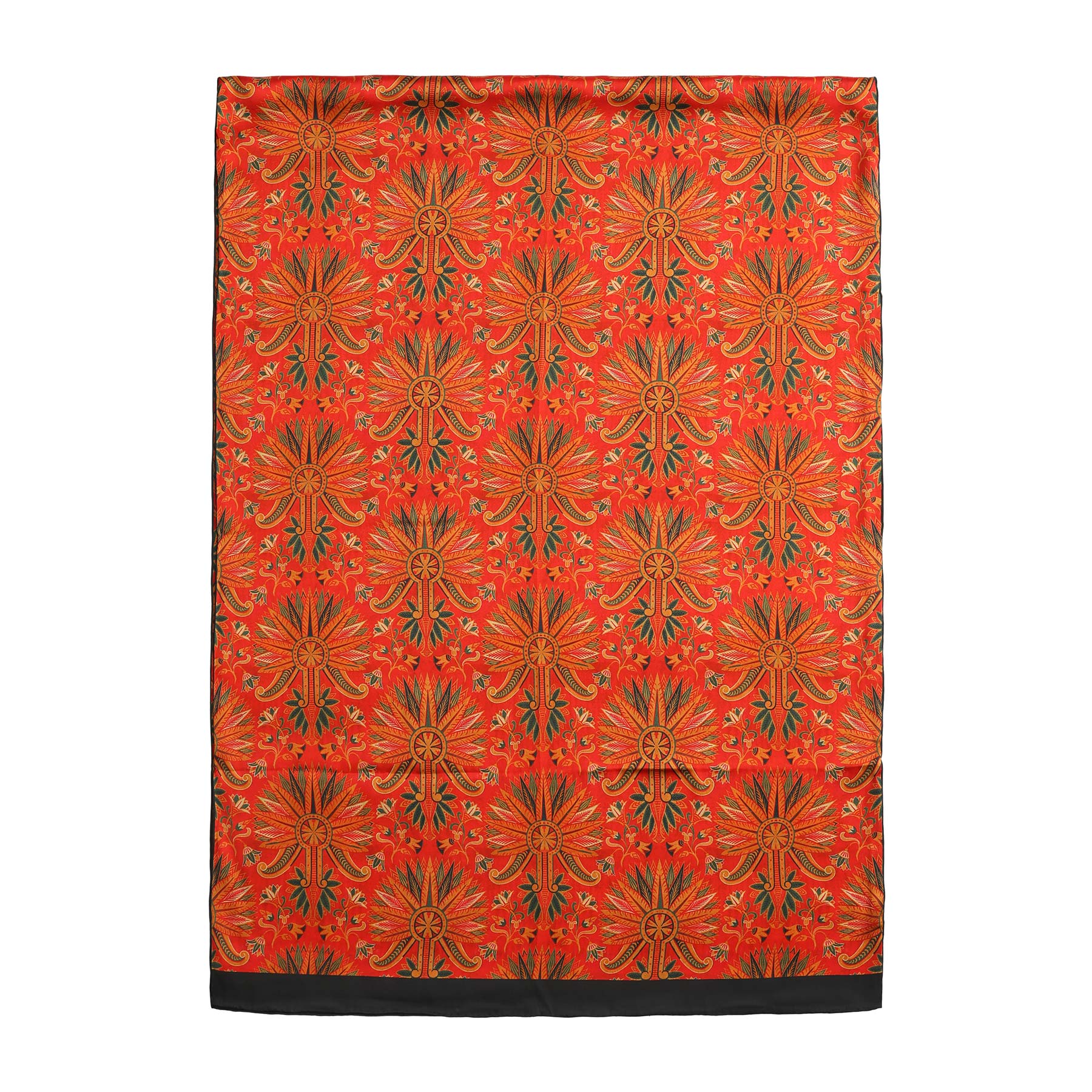 Zoomed-in image of the red silk scarf’s black edge, showcasing the elaborate golden and green floral elements against the richly colored fabric.