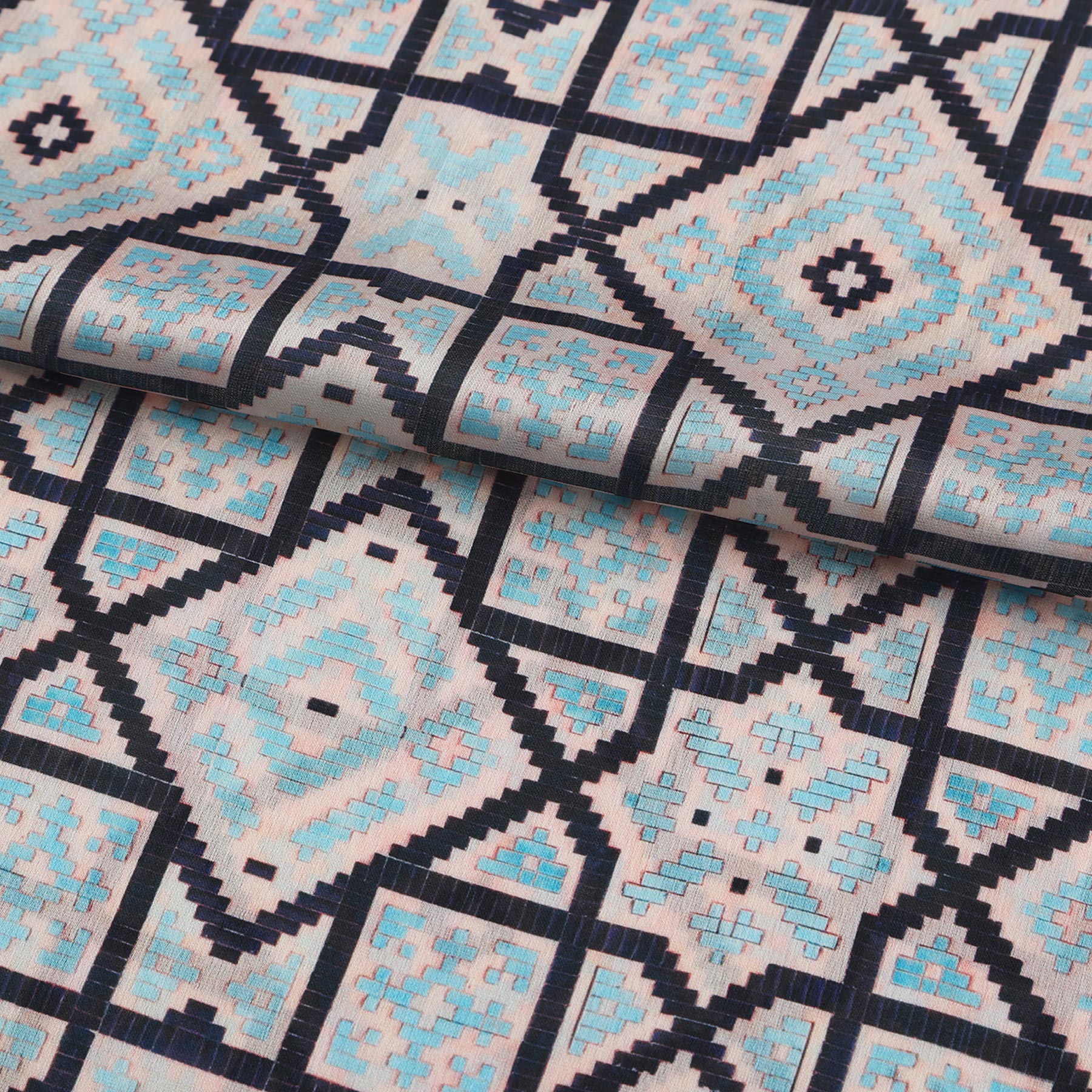 Pañuelo Harf – estampado de mosaico andalusí en marfil y negro, detalle 3