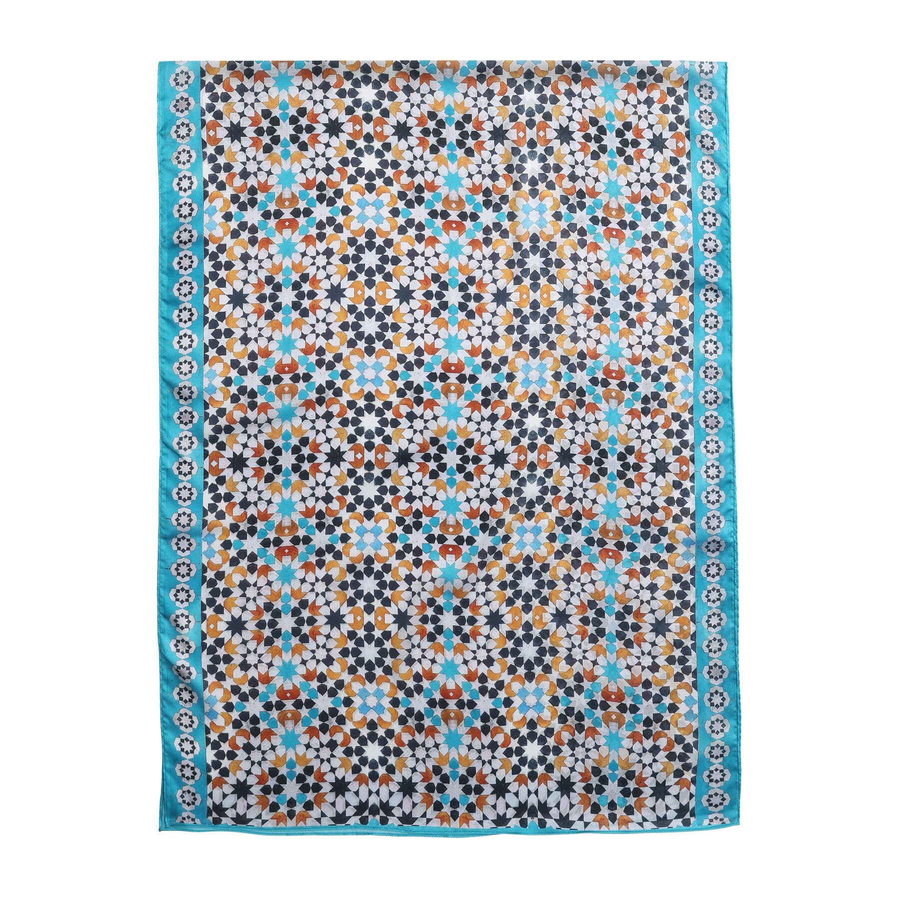 Pañuelo Husn – estampado de mosaico andalusí en azul marino y ocre, detalle 2