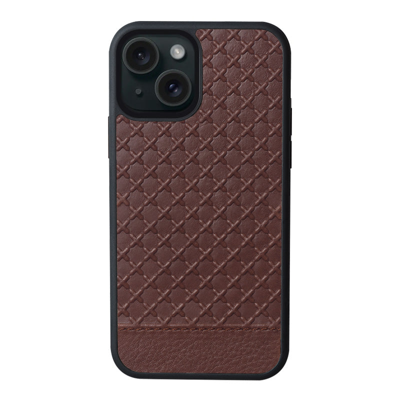 iPhone 15 Plus brown leather case with islamic mosaic tile embossed