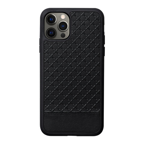 iPhone 15 Pro black leather case with embossed islamic mosaic tiles pattern