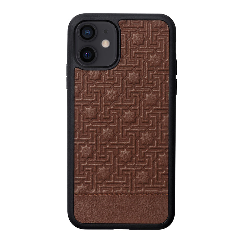 iPhone 15 Plus brown leather case with islamic art print