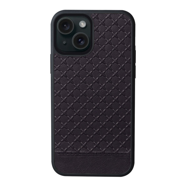 iPhone 15 Plus black leather case with islam mosaic tiles pattern embossed