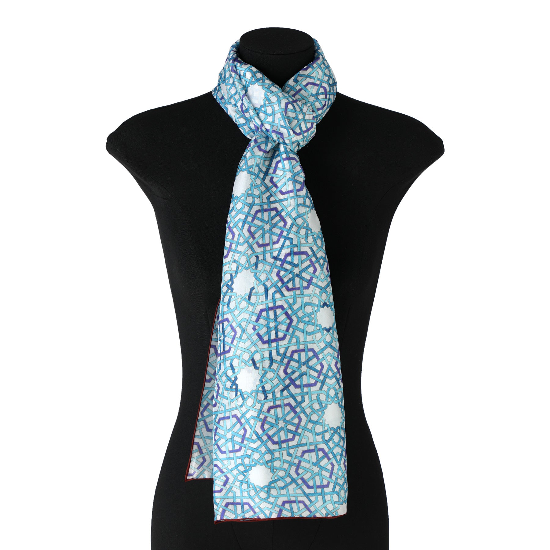 Mannequin with blue and white islamic motifs scarf