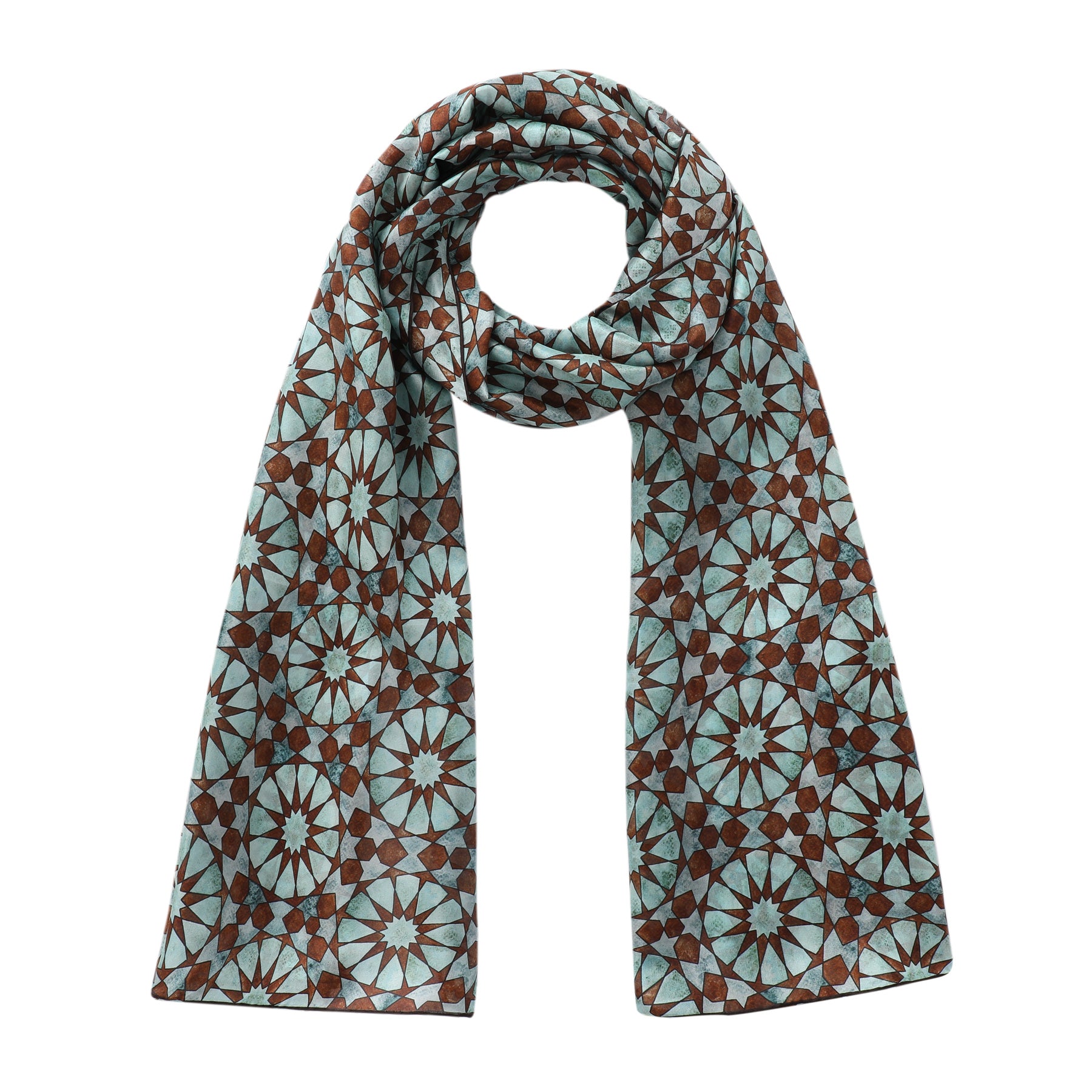 Islamic pattern silk scarf with brown and blue color