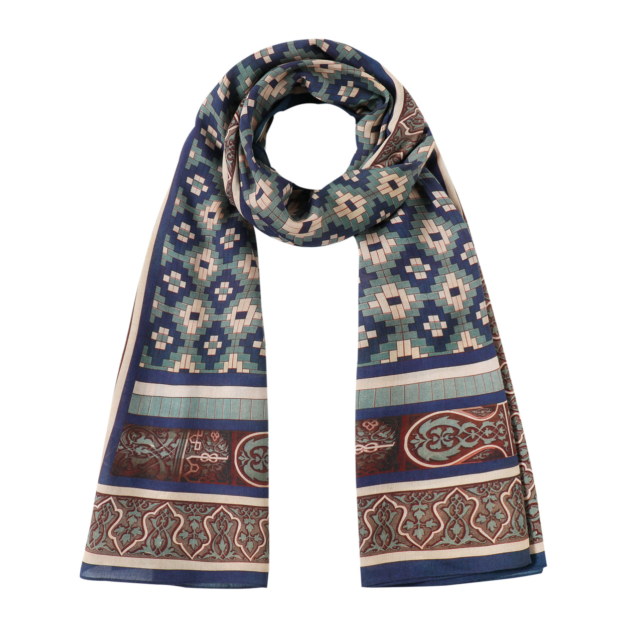 Islamic scarf featuring blue, beige, and green patterns.
