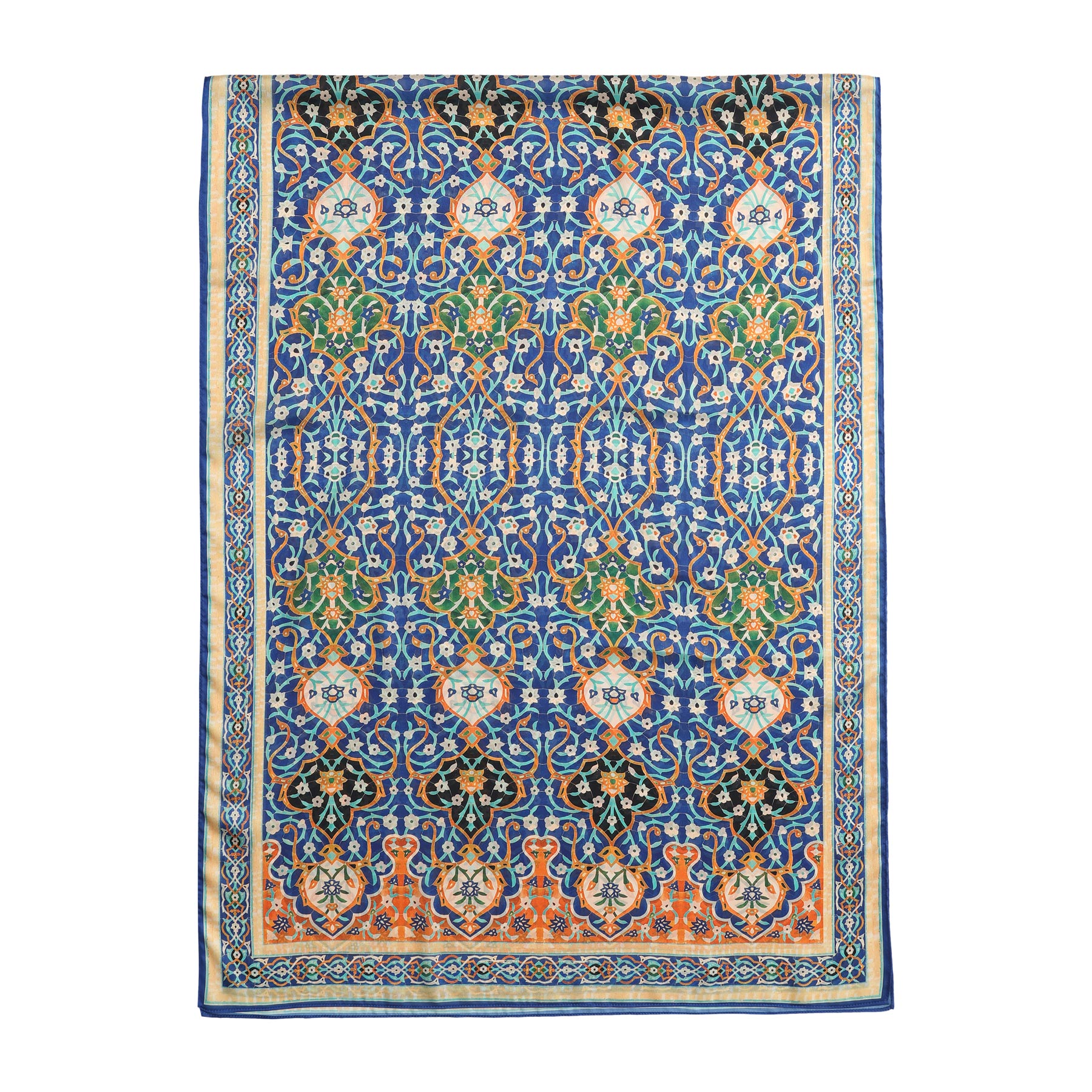 Pañuelo Itr – estampado de mosaico andalusí en cobalto y naranja, detalle 2
