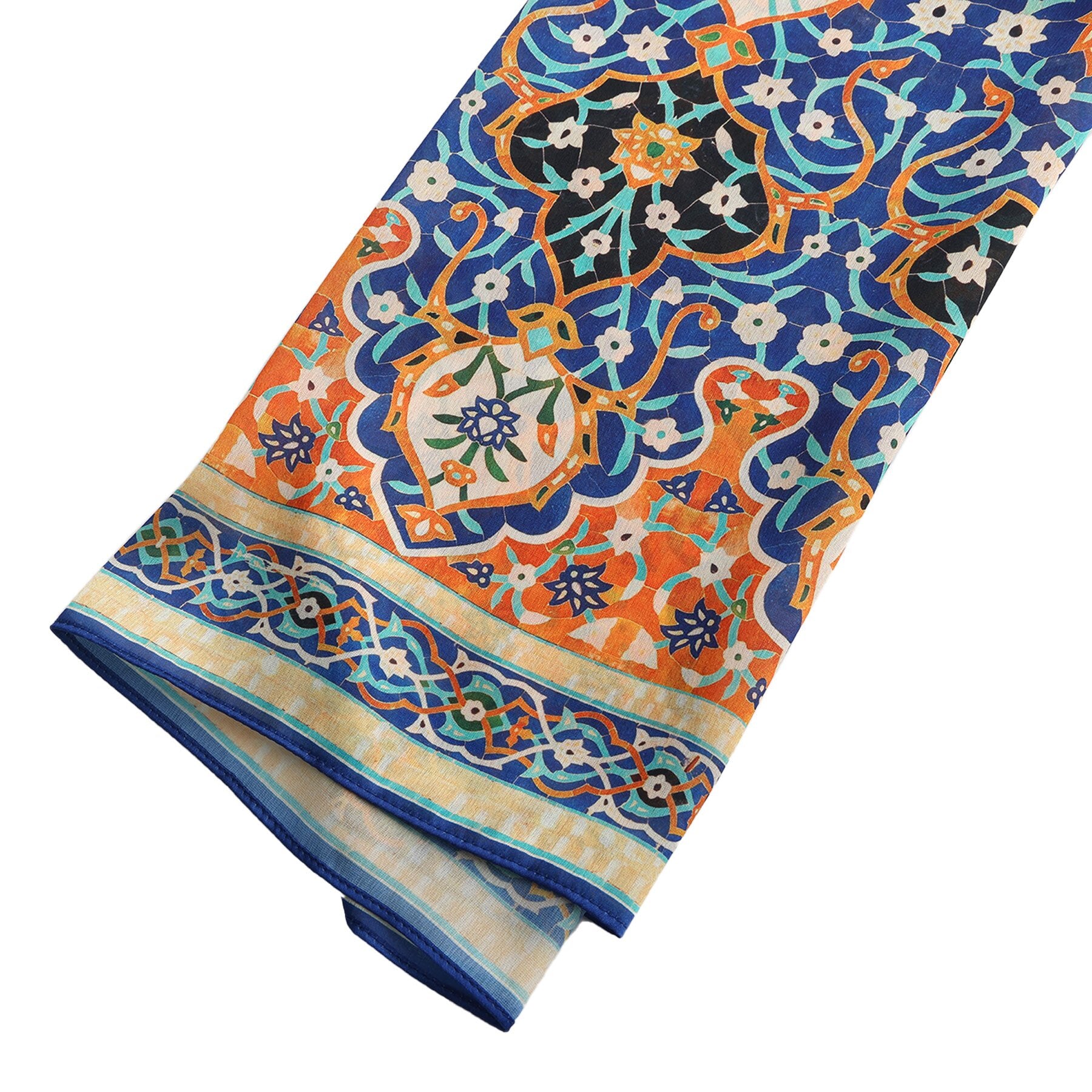 Pañuelo Itr – estampado de mosaico andalusí en cobalto y naranja, detalle 6