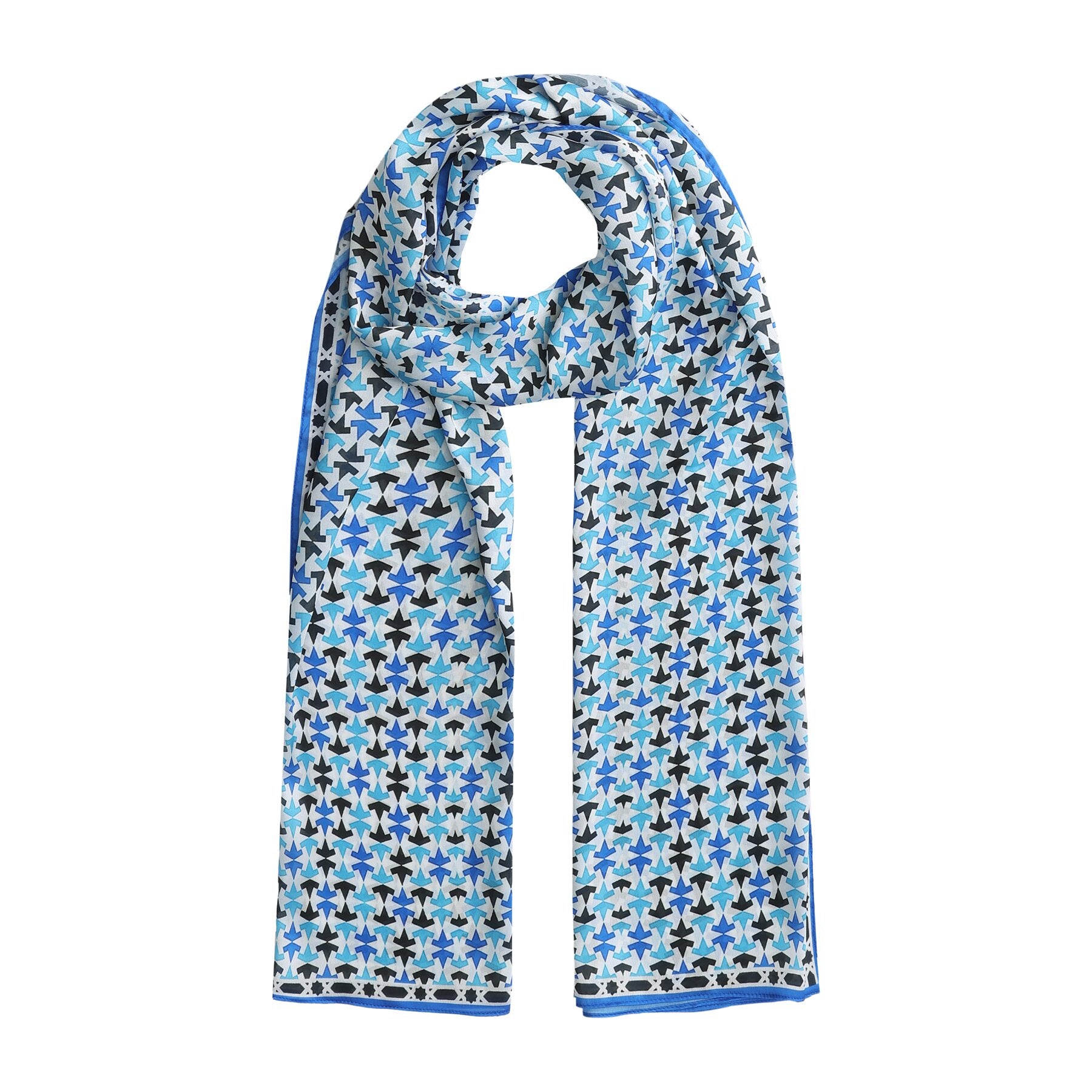 Pañuelo Jamal colocado, con el estampado de mosaico andalusí en azul y negro sobre satén