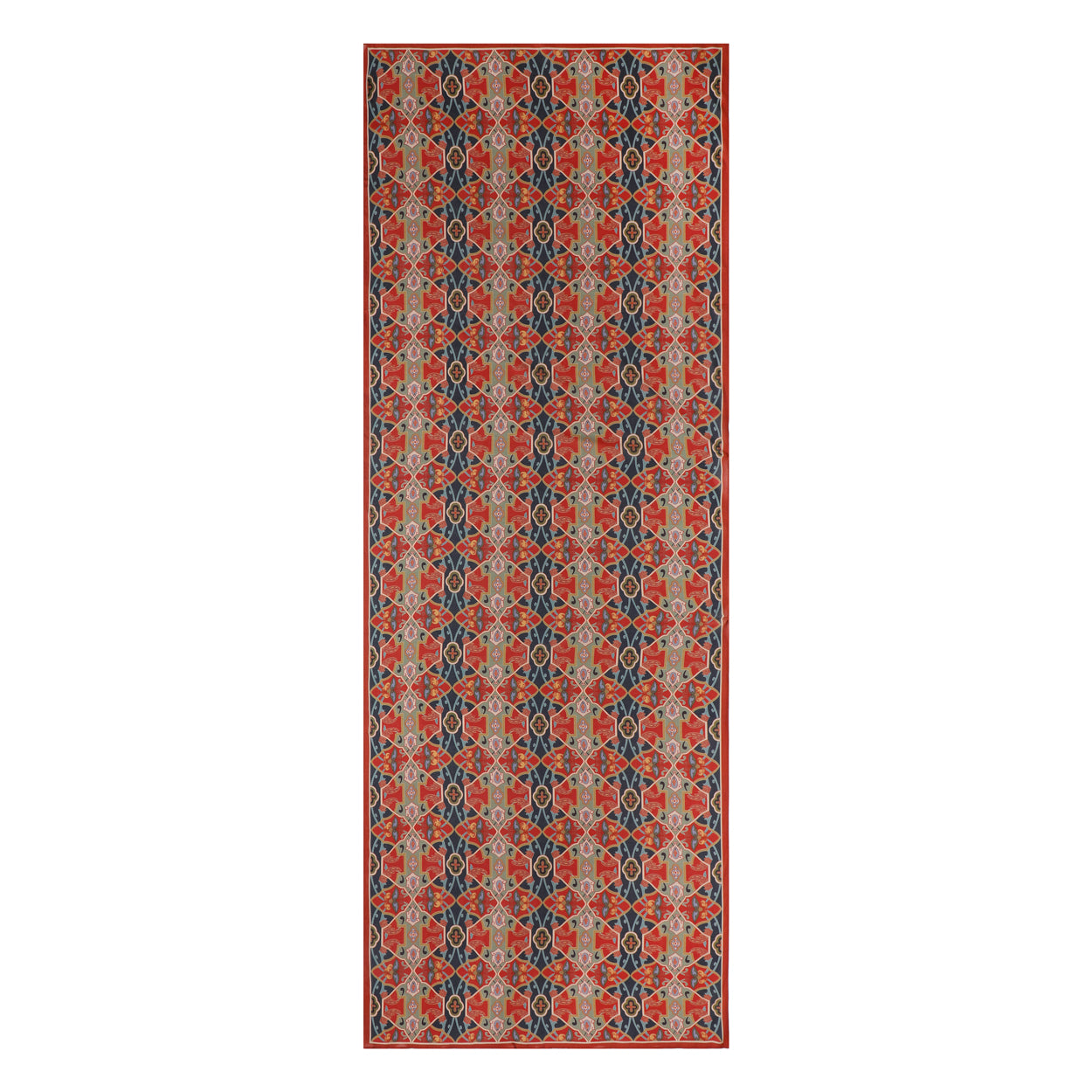 Large blue and red scarf showcasing a geometric print inspired by Turkish art.