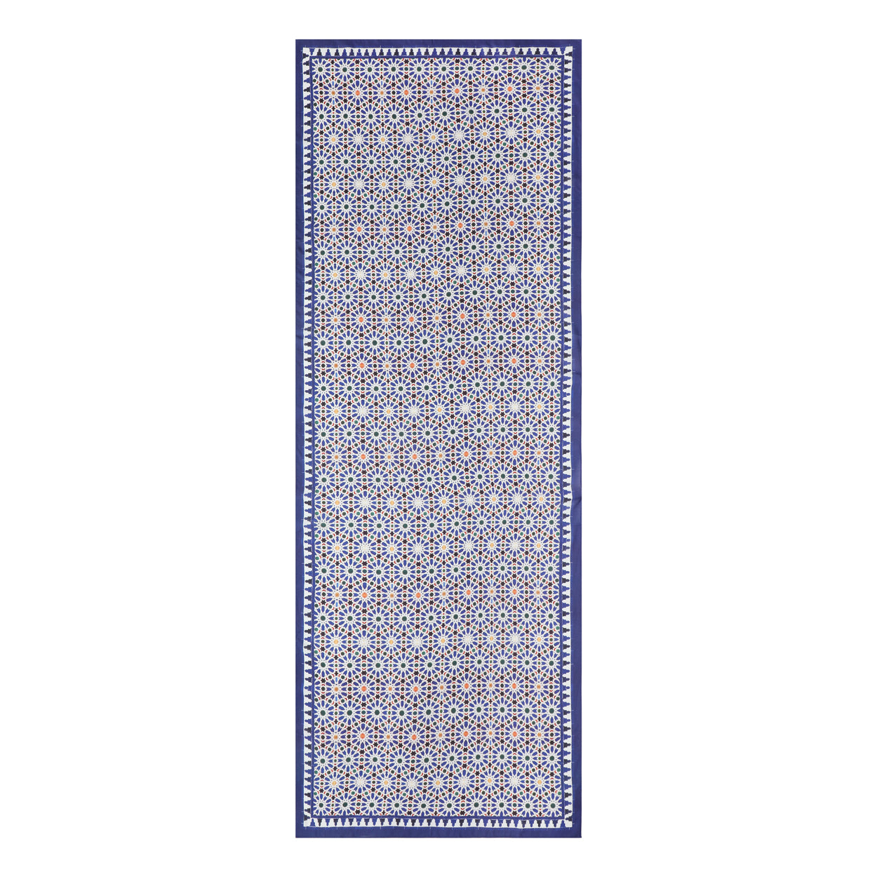 Large blue and white scarf with a detailed design inspired by traditional Islamic art patterns.