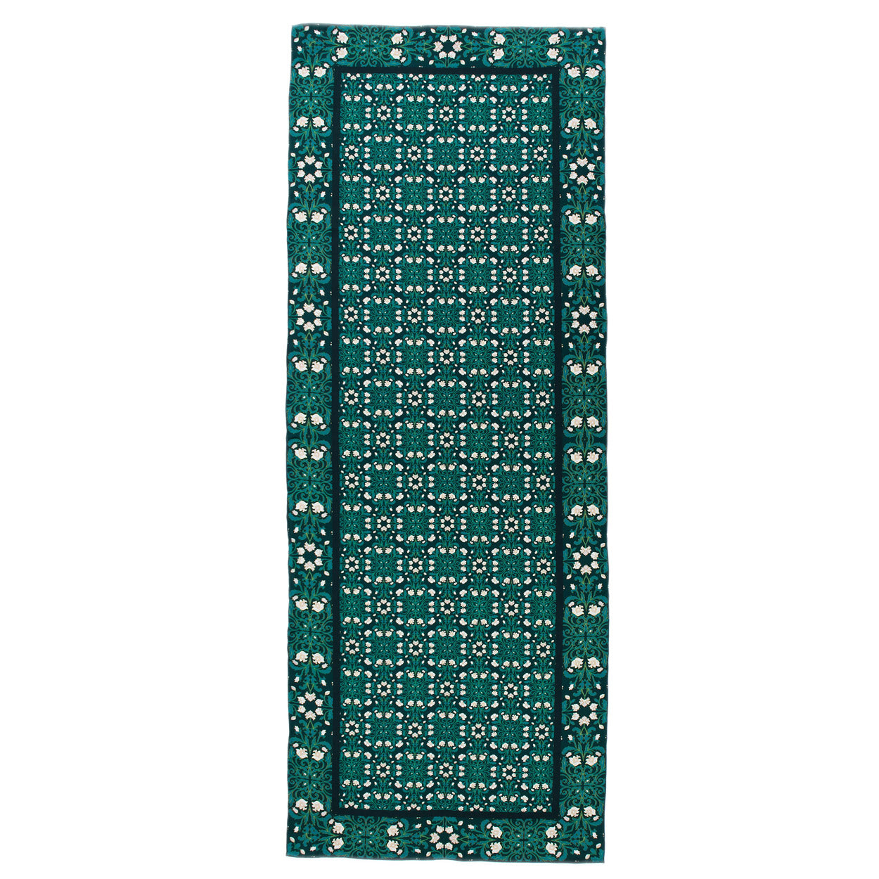 Full rectangular view of the green silk scarf, decorated with a comprehensive floral print in white tones.