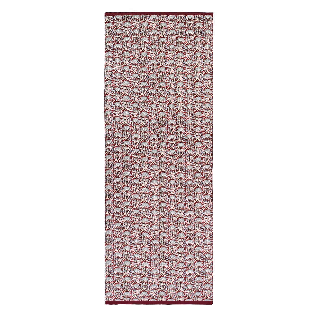 Burgundy scarf laid out flat, featuring a repeating roses floral design in gray and gold across the entire rectangular piece.