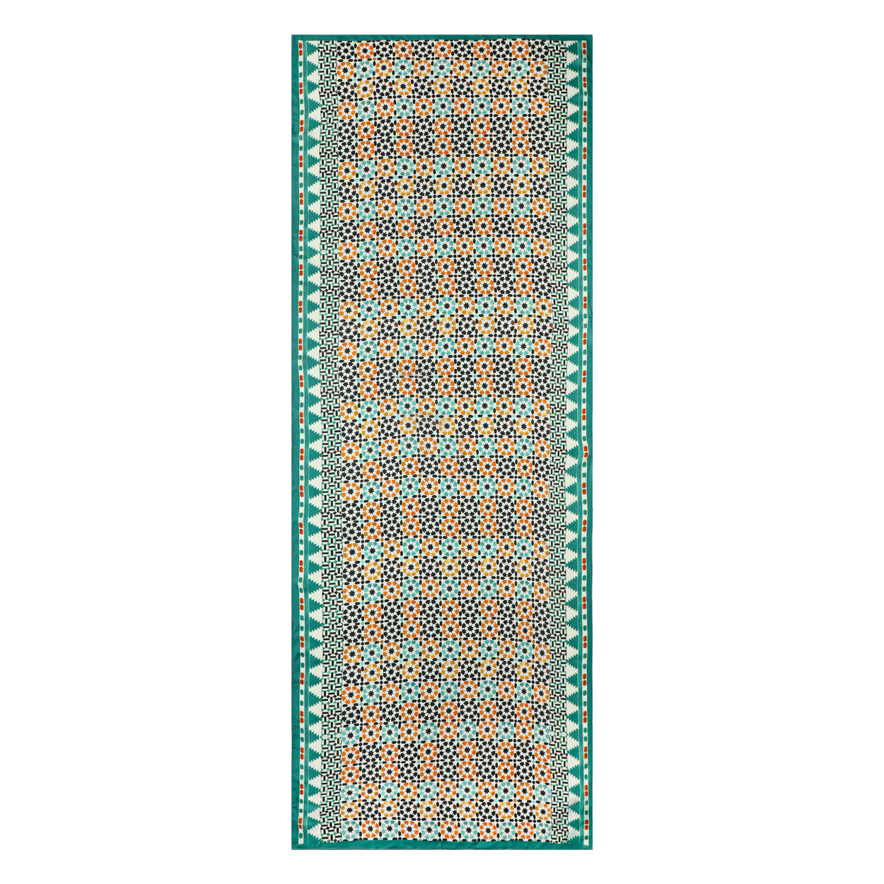 Full view of the green and orange scarf with geometric Islamic art design