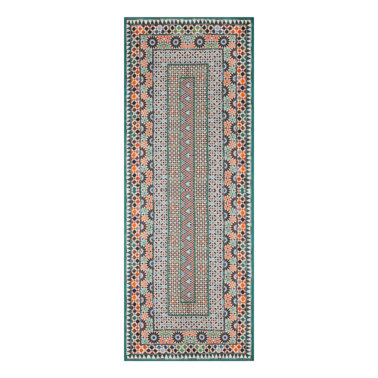 Multicolor scarf with Islamic art mosaic tile patterns displayed flat showcasing vibrant green, orange, and black tones.