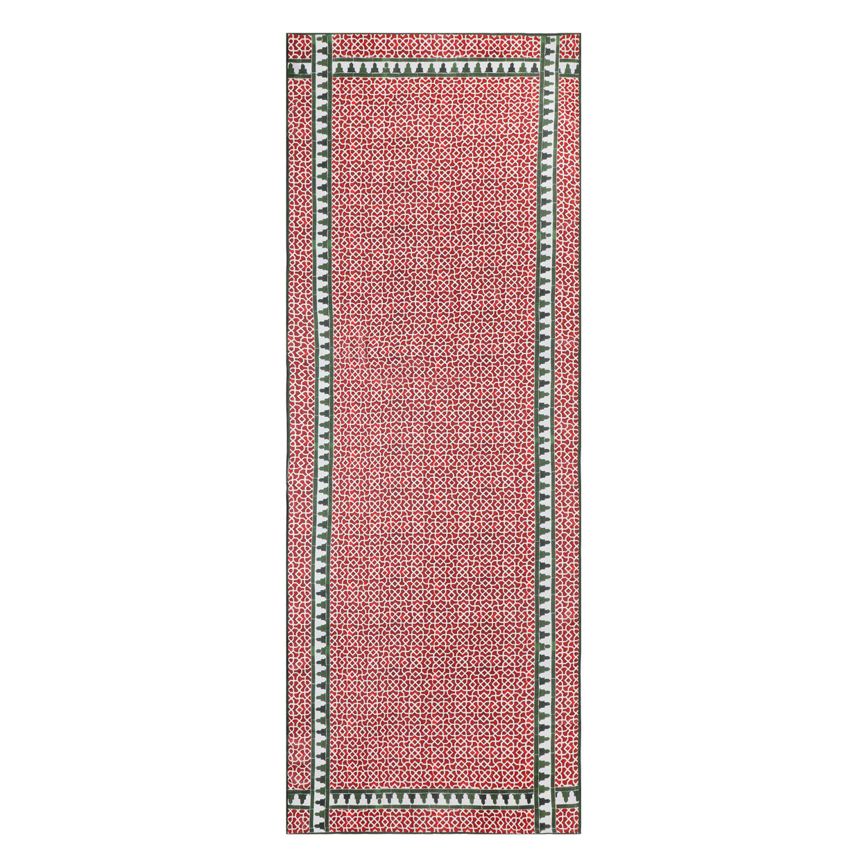 Full view of the red and green scarf with Islamic geometric patterns.