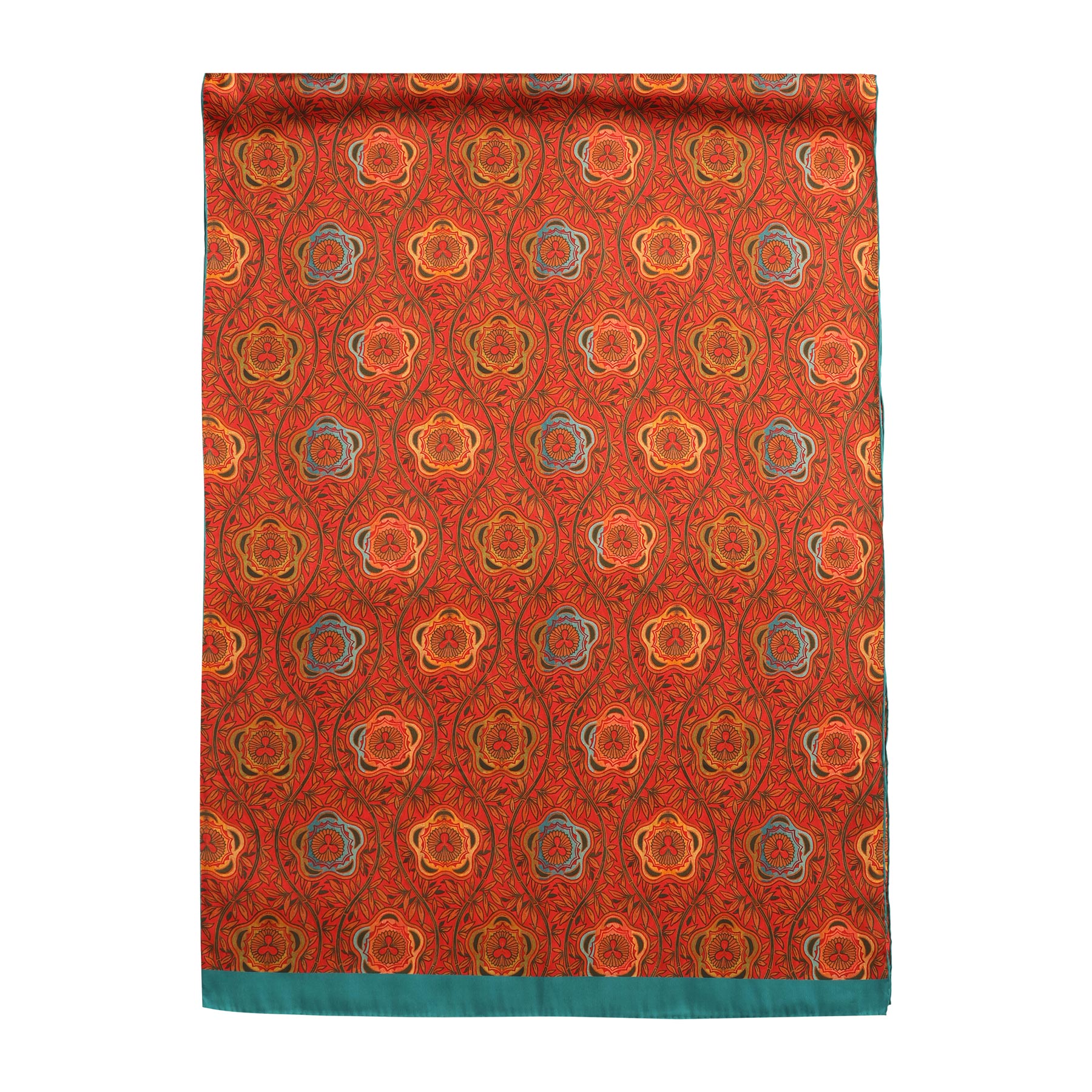 A rectangular red and blue silk scarf features a marigold-inspired floral print and a teal border on the shorter edges, blending whimsical charm with elegant art nouveau style.