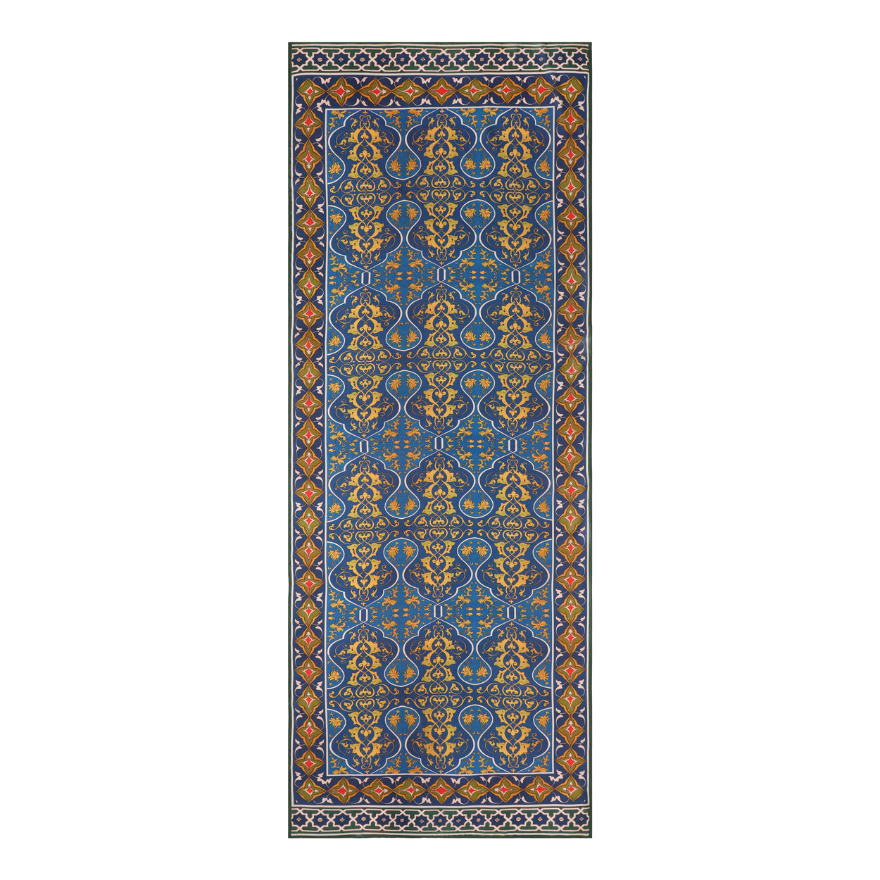 Full view of the scarf featuring intricate arabesque patterns in blue and green.