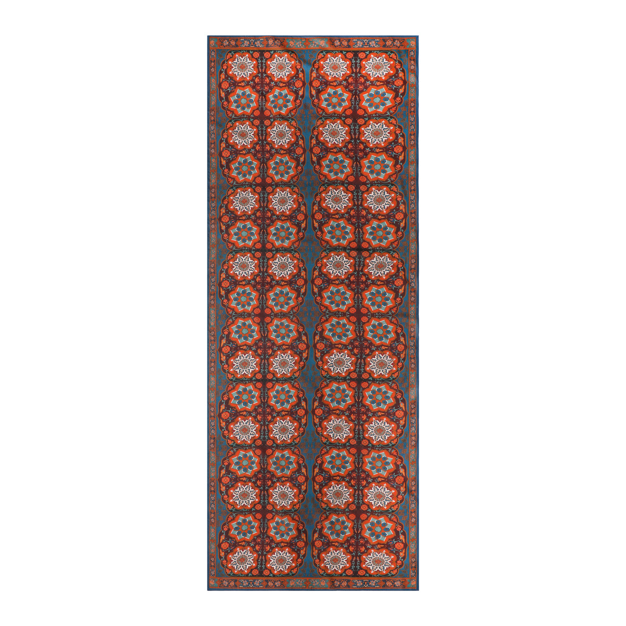 Full-length red and blue scarf with mandala designs.
