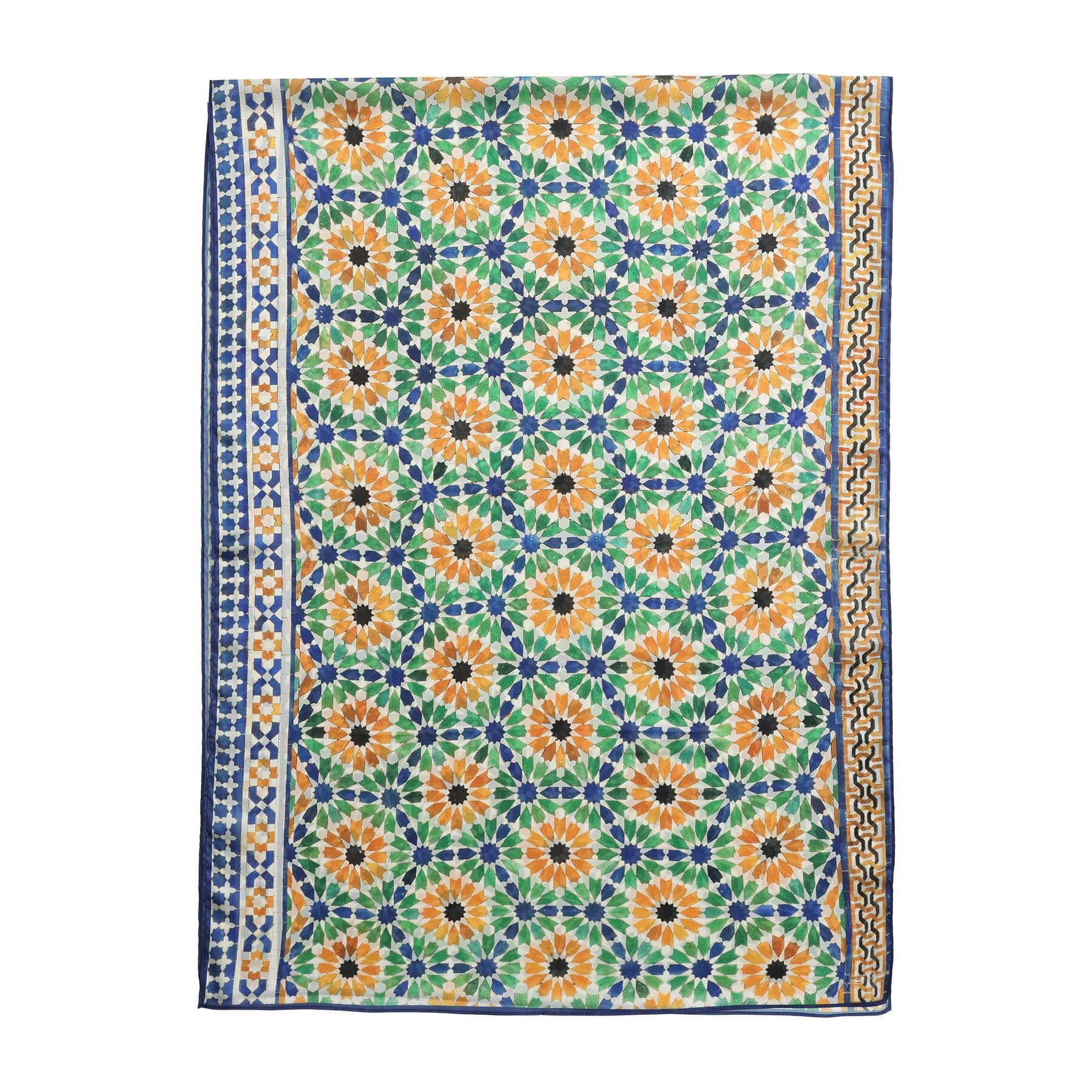 Pañuelo Layl – estampado de mosaico andalusí en verde y ámbar, detalle 2