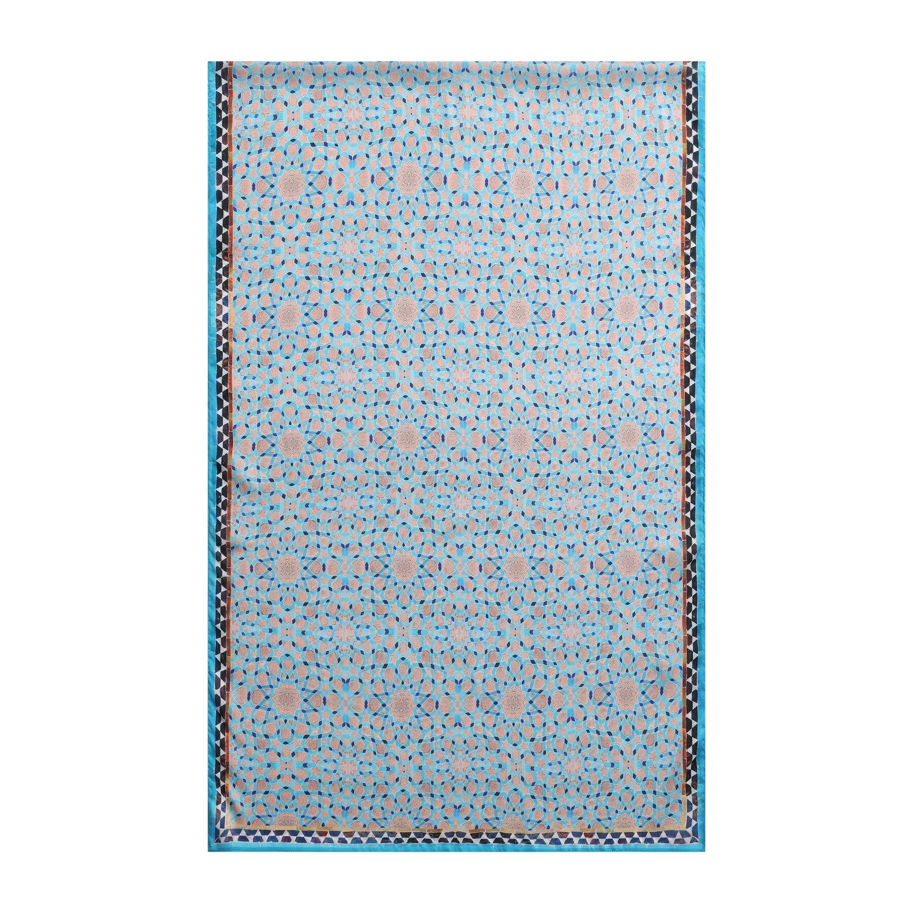 Pañuelo Mafaza – estampado de mosaico andalusí en azul cielo y arena, detalle 2