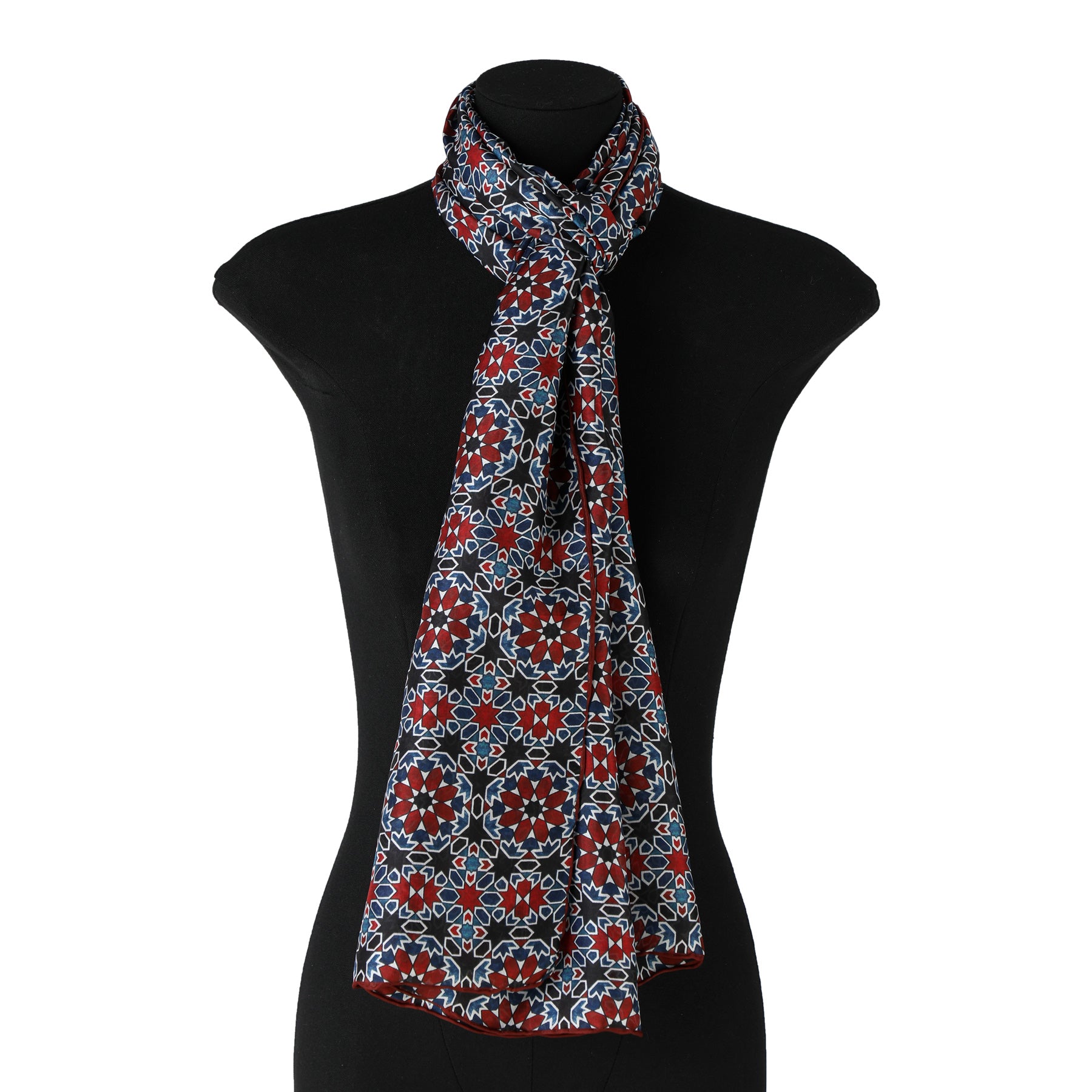 Mannequin with red and blue silk scarf featuring islamic tiles print