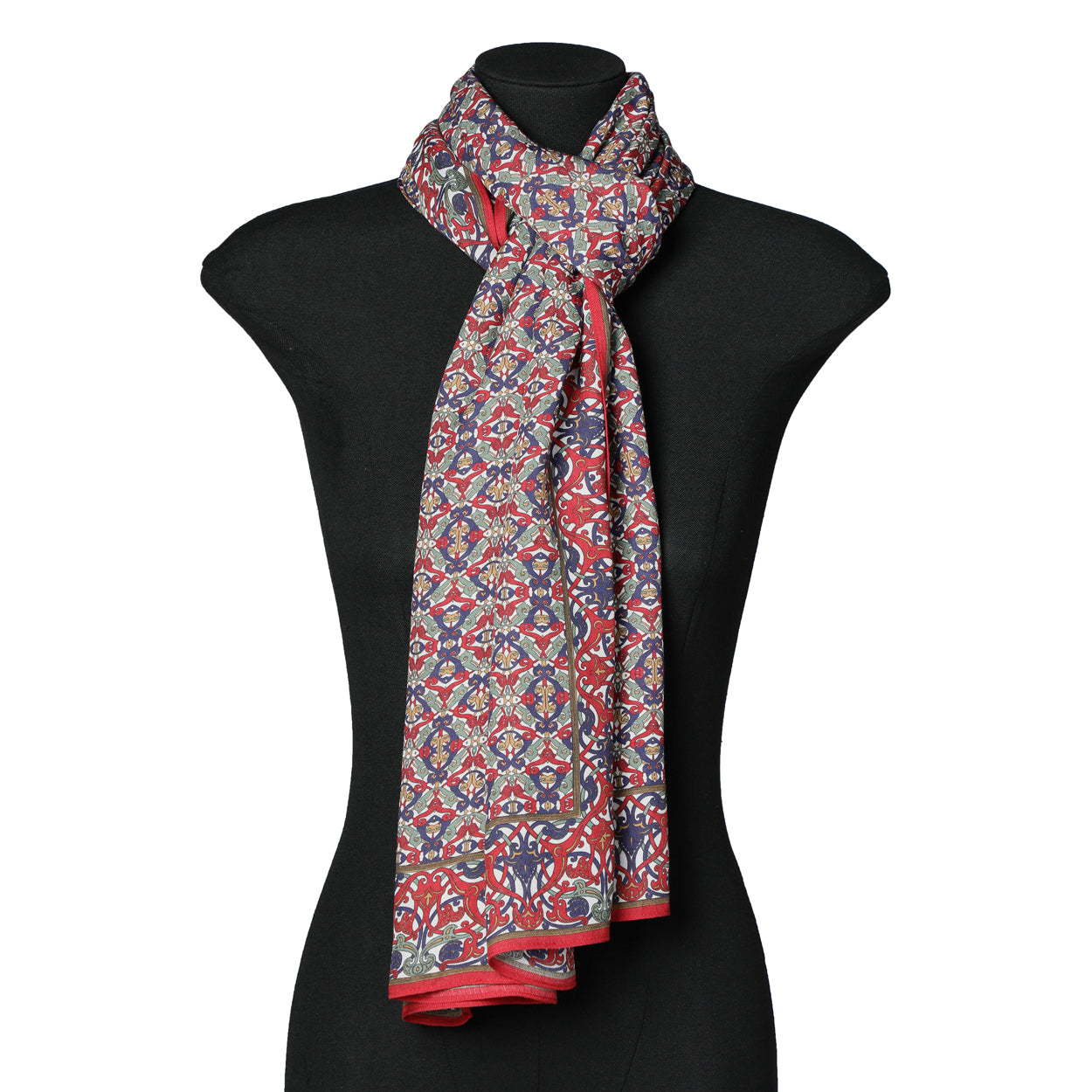 Mannequin wearing Burgundy and Blue Arabesque scarf by Hamzah