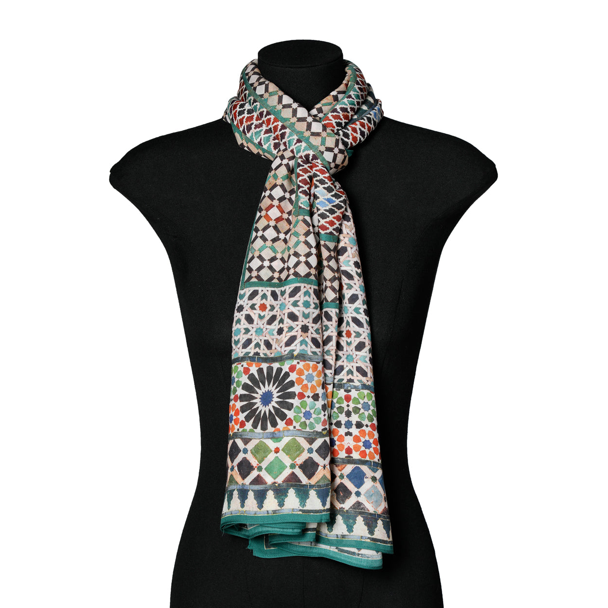 Mannequin wearing a multicolor scarf inspired by Islamic art mosaic tiles with elegant drape.