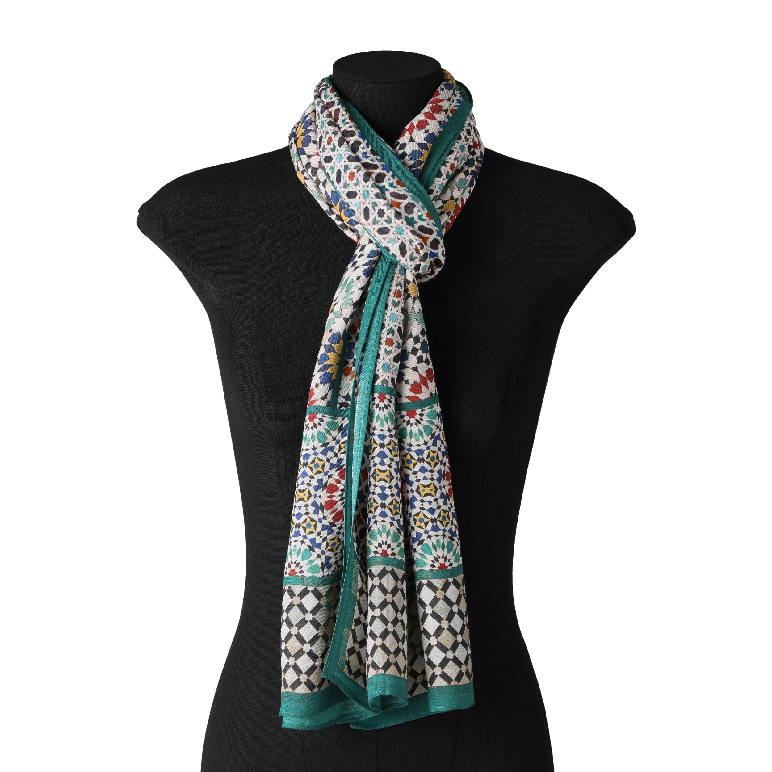 Mannequin with neck scarf with geometric print inspired by moroccan mosaic tiles