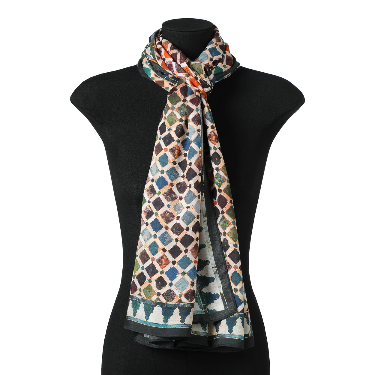 Large scarf with geometric Islamic art print, inspired by Alhambra tiles.