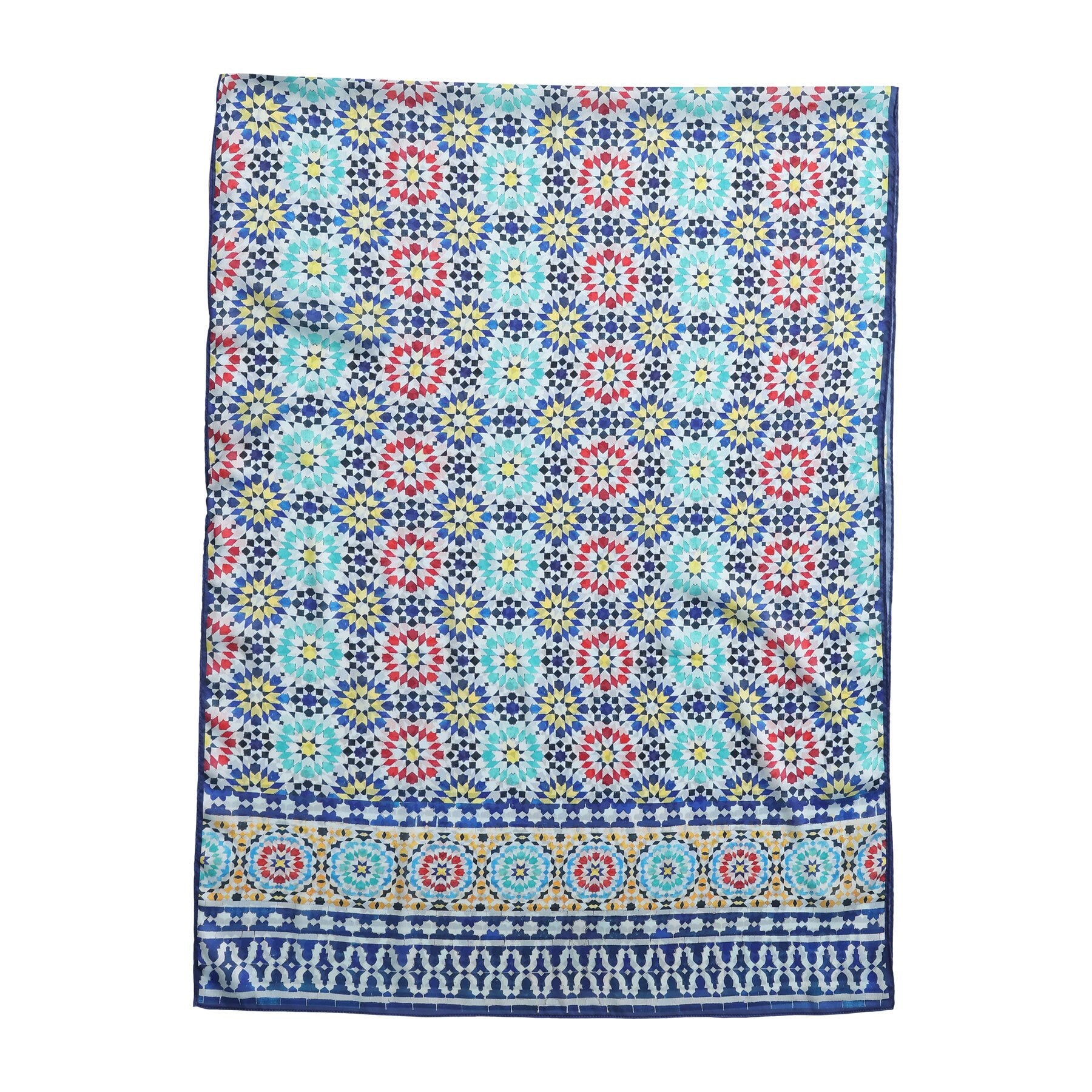 Pañuelo Mithal – estampado de mosaico andalusí en azul y rojo, detalle 2