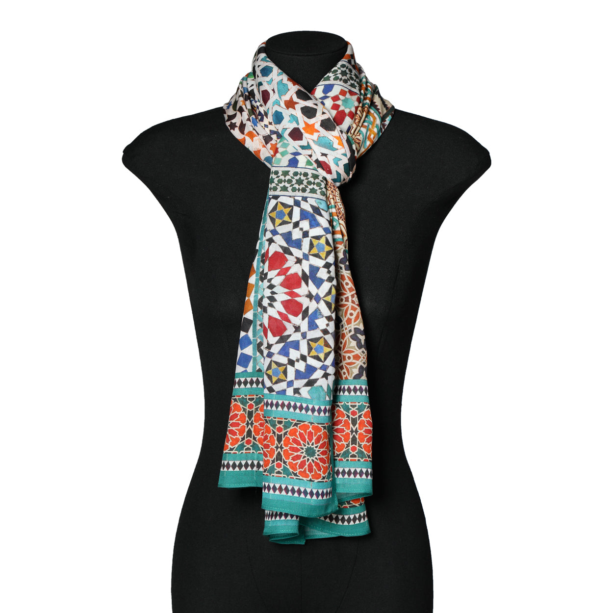 Moroccan Tiles Inspired Scarf styled on mannequin