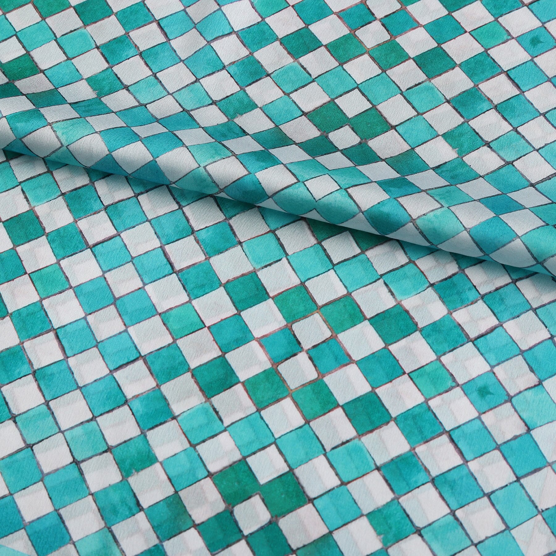 Pañuelo Naqs – estampado de mosaico andalusí en turquesa y agua, detalle 3