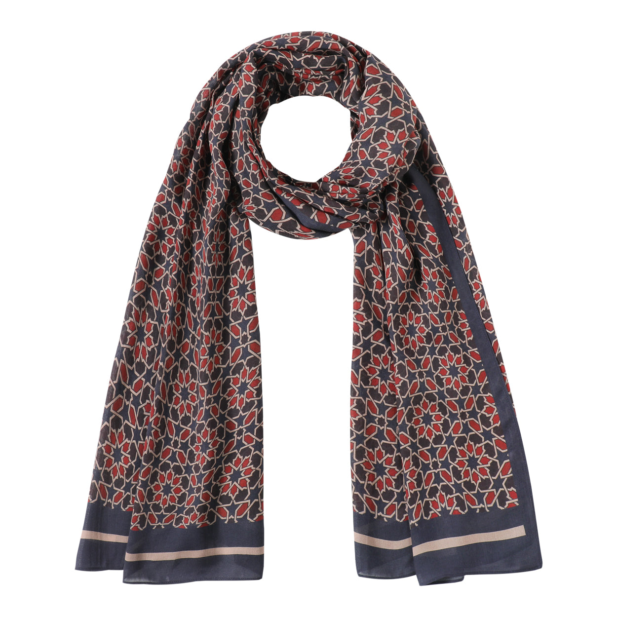 Navy blue and red scarf in Islamic art-inspired geometric pattern