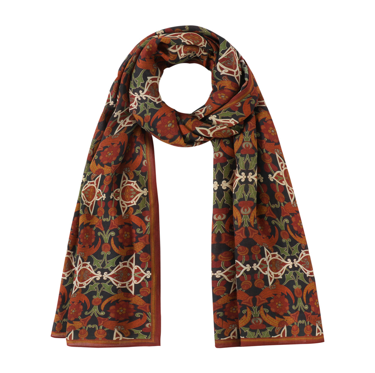 Women's neck scarf styled with Islamic art-inspired patterns.