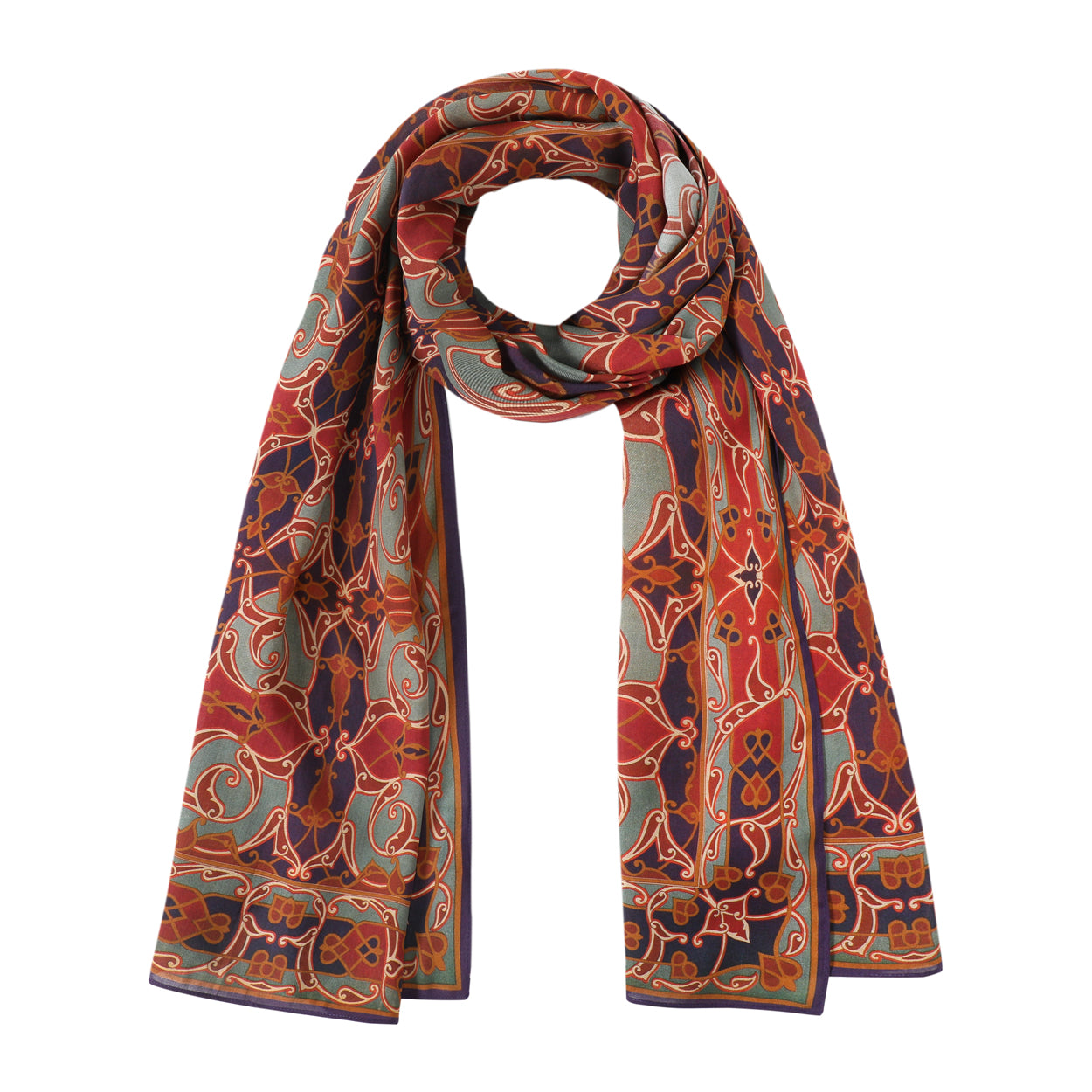 Geometric-patterned scarf inspired by traditional Bukhara designs.