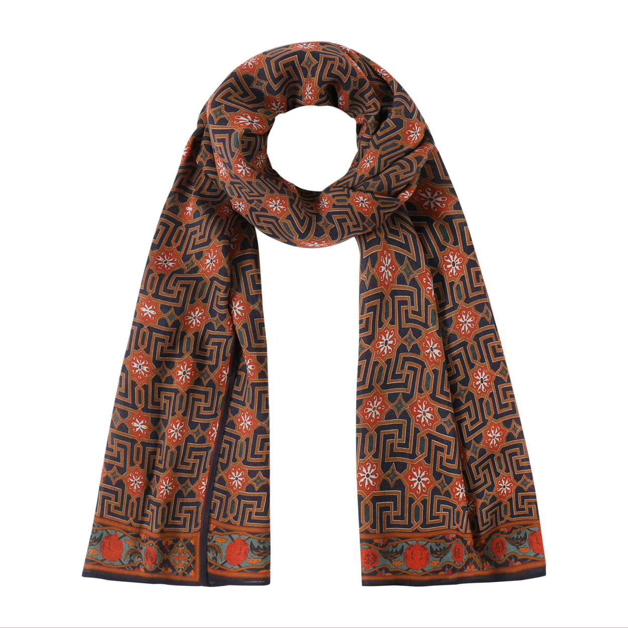 Stylish neck scarf with geometric Islamic art-inspired design.