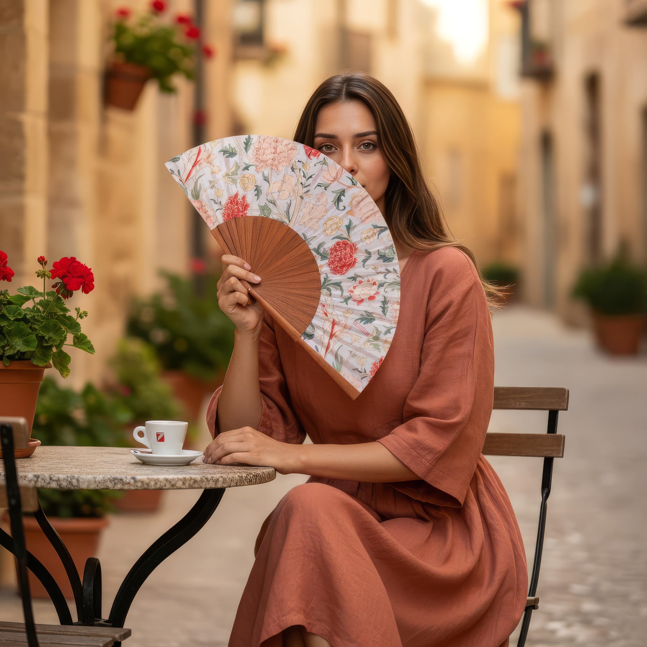 A woman in a rust-colored dress sits at an outdoor café table, holding the Floral Design Fan William Morris Print Odette partially over her face. A coffee cup is on the table, with red flowers decorating the sunlit street behind her.