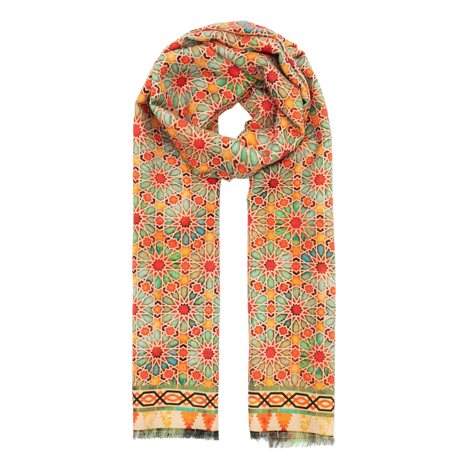 Orange wool and silk scarf with islamic print