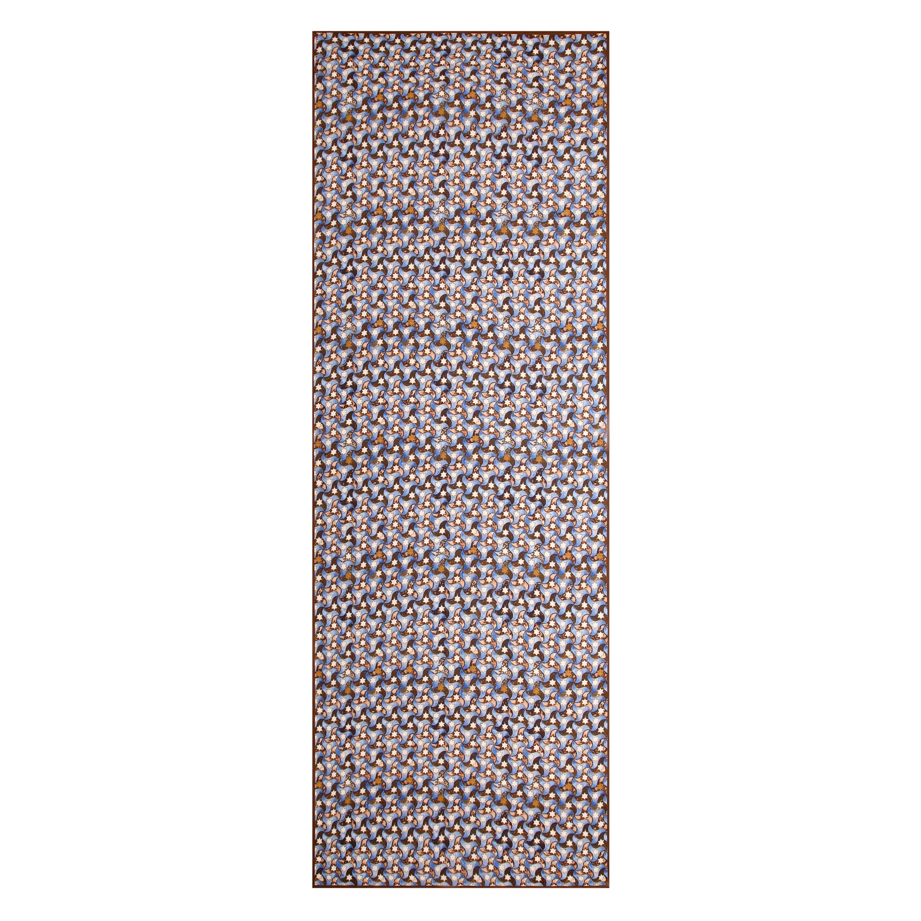 The Brown and Blue Scarf - 100% Modal features a rectangular design with blue, brown, and white geometric patterns inspired by Islamic art, bordered by a thin dark edge for an intricate, textured look.