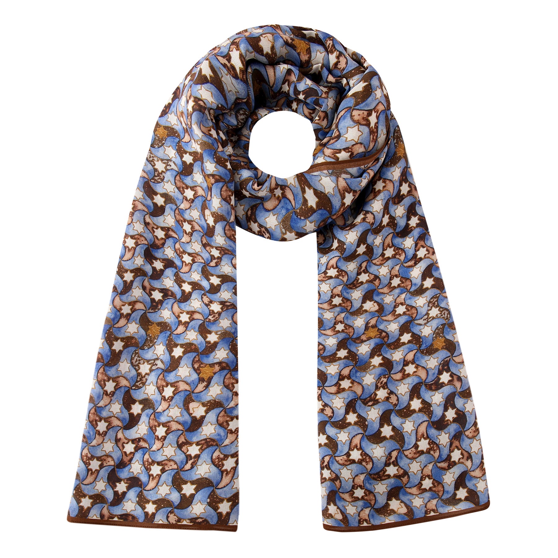 A Brown and Blue Scarf - 100% Modal, featuring a repeating brown and white fox pattern on a blue background, is stylishly looped with both ends hanging down.