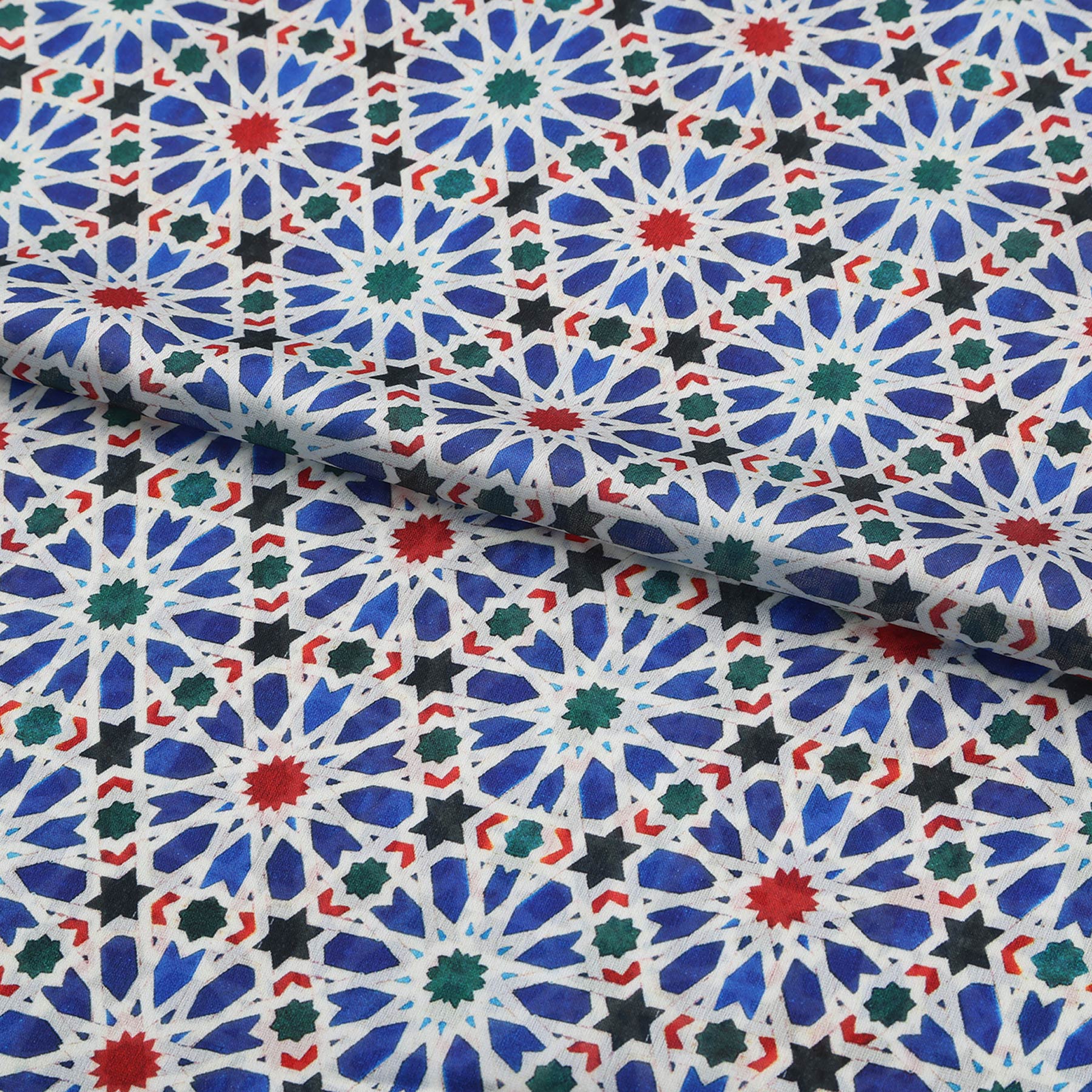 Pañuelo Qamar – estampado de mosaico andalusí en azul cobalto, detalle 3