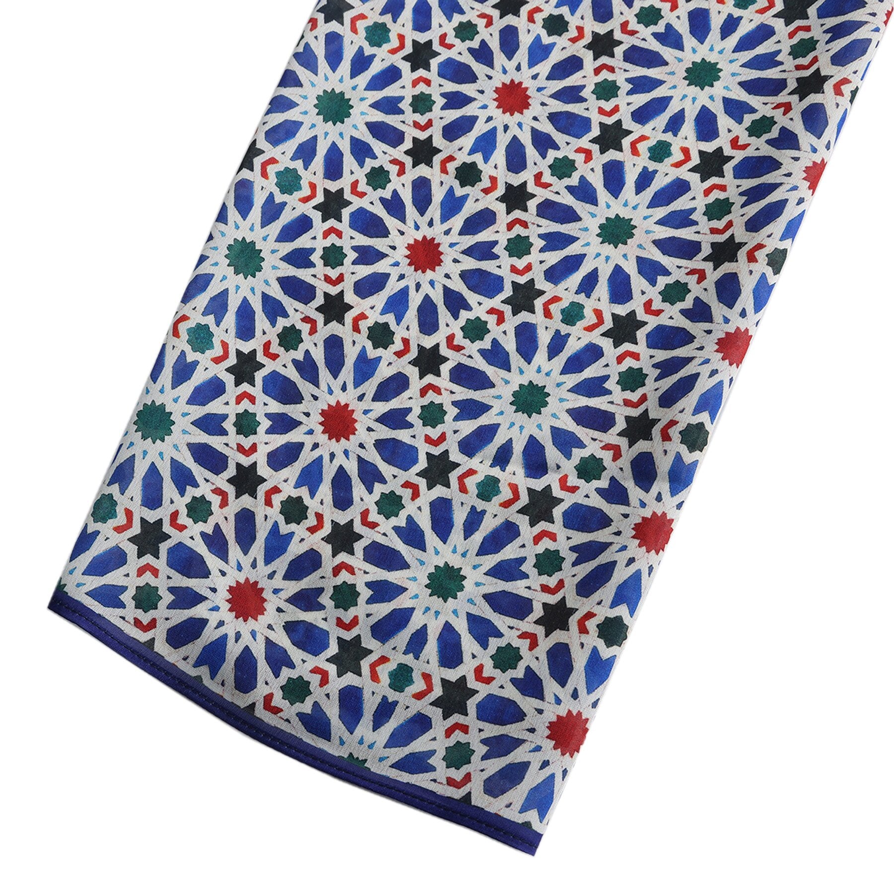 Pañuelo Qamar – estampado de mosaico andalusí en azul cobalto, detalle 6