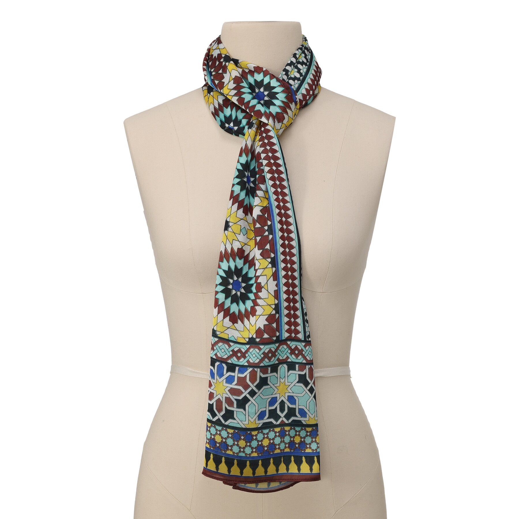 Pañuelo Raml – estampado de mosaico andalusí en burdeos y turquesa, detalle 1