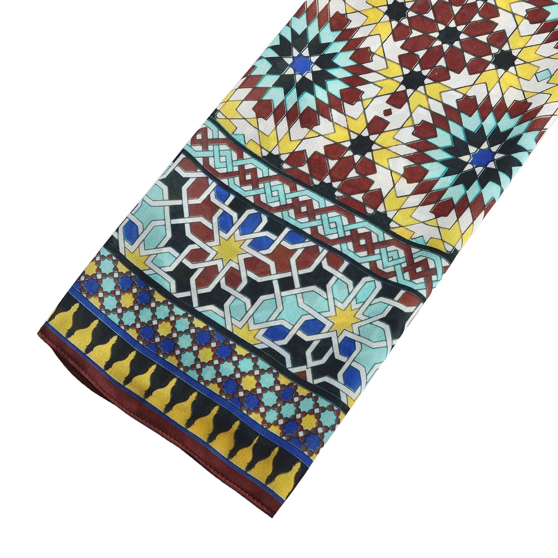 Pañuelo Raml – estampado de mosaico andalusí en burdeos y turquesa, detalle 6